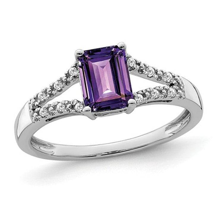 1.10 Carat (ctw) Natural Amethyst Ring in 14K White Gold with Accent Diamonds Image 1
