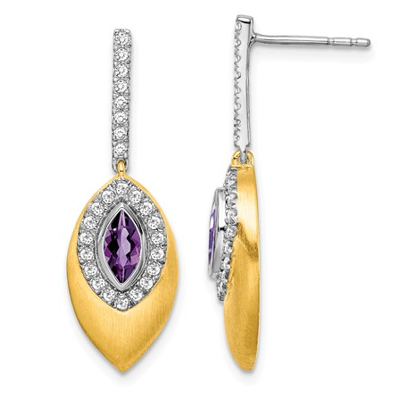 7/10 Carat (ctw) Natural Amethyst Dangle Drop Earrings in 14K Yellow Gold and Diamonds Image 1