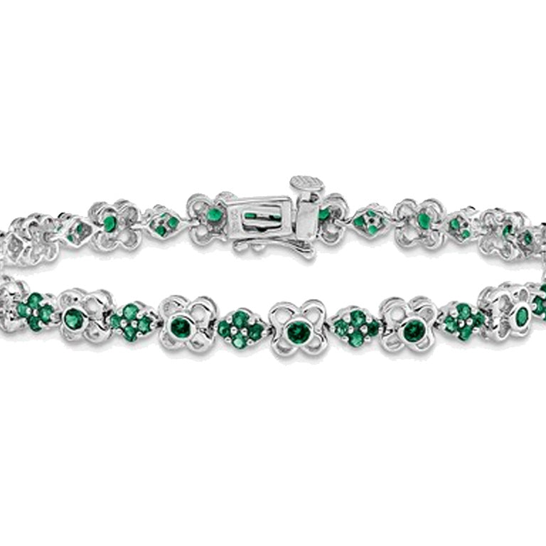 1.95 Carats (ctw) Lab-Created Emerald Flower Bracelet in 14K White Gold Image 1