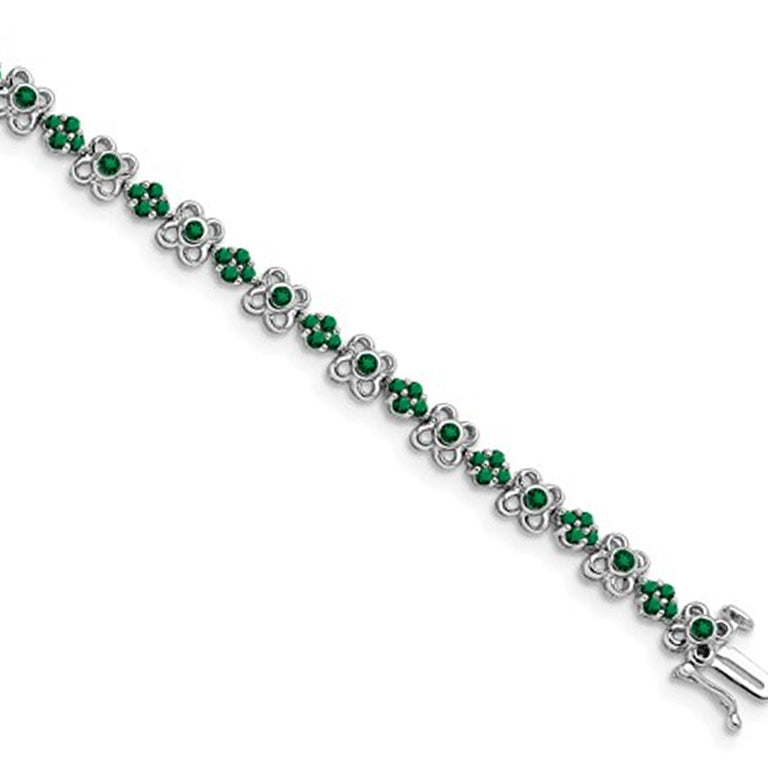 1.95 Carats (ctw) Lab-Created Emerald Flower Bracelet in 14K White Gold Image 2