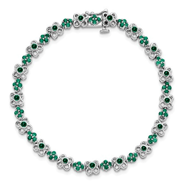 1.95 Carats (ctw) Lab-Created Emerald Flower Bracelet in 14K White Gold Image 3