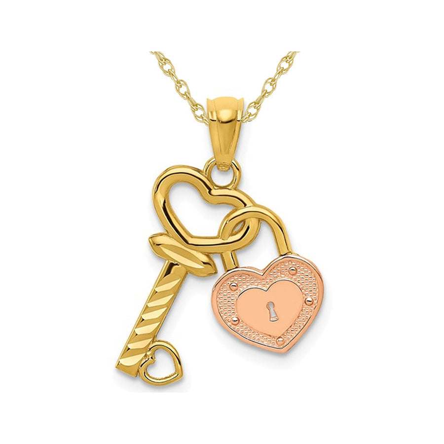 14K Yellow and Rose Gold Key and Heart Locket Pendant Necklace with Chain Image 1