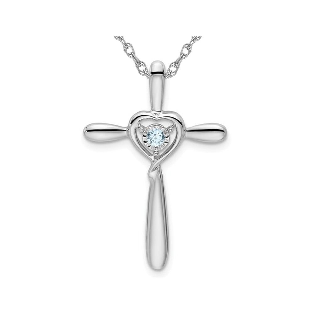 1/20 Carat (ctw) Natural Aquamarine Cross Pendant Necklace in 10K White Gold with Chain Image 1