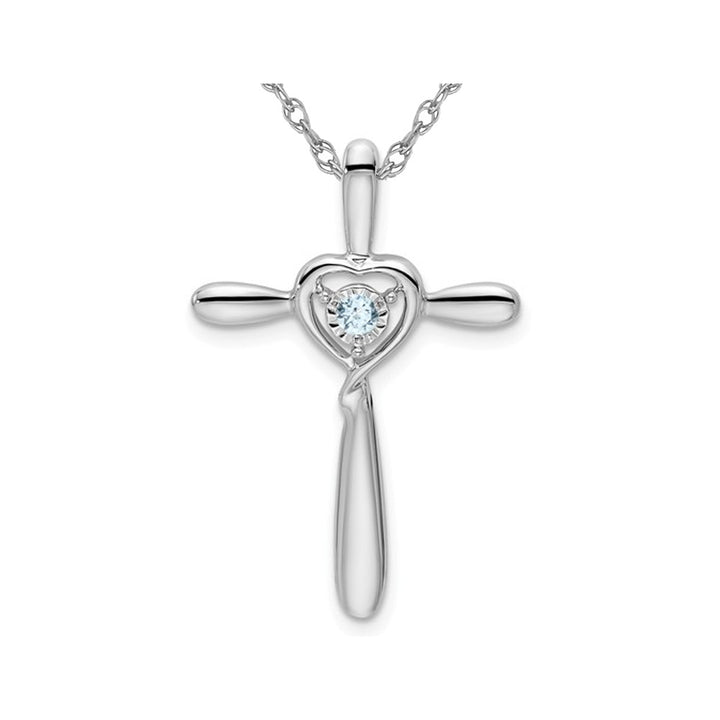 1/20 Carat (ctw) Natural Aquamarine Cross Pendant Necklace in 10K White Gold with Chain Image 1