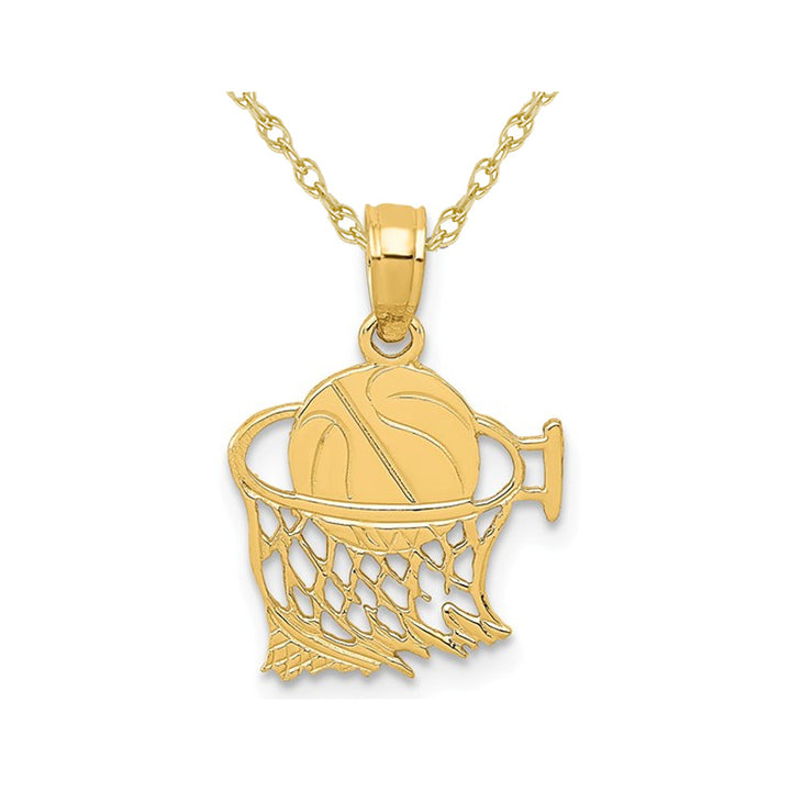 14K Yellow Gold Basketball and Hoop Pendant Necklace with Chain Image 1