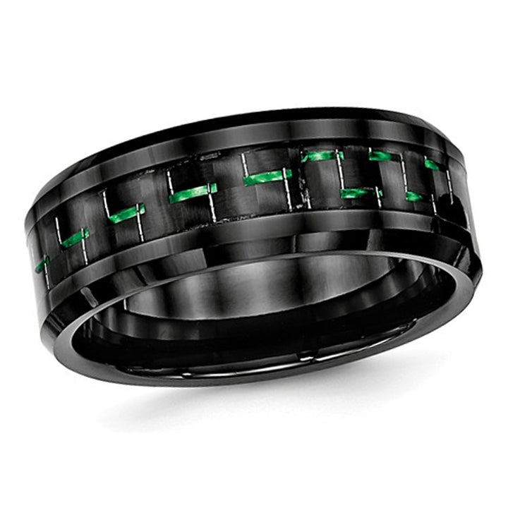 Ceramic Black with Green Carbon Fiber Beveled Edge Wedding Band Ring Image 1