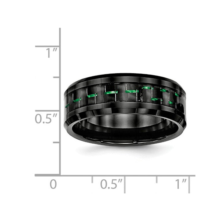 Ceramic Black with Green Carbon Fiber Beveled Edge Wedding Band Ring Image 2