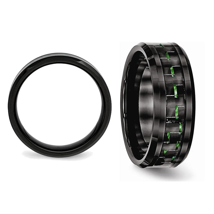 Ceramic Black with Green Carbon Fiber Beveled Edge Wedding Band Ring Image 3