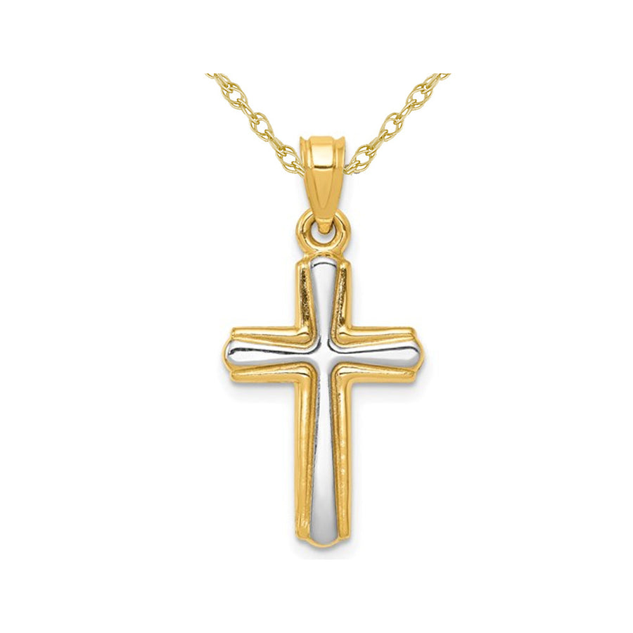 14K Yellow Gold Two Tone Cross Pendant Necklace with Chain Image 1