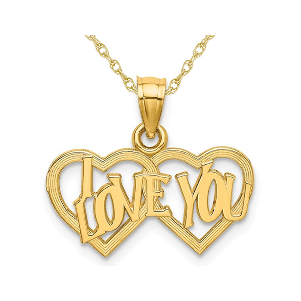 14K Yellow Gold I LOVE YOU Double Heart Pendant Necklace with Chain Image 1