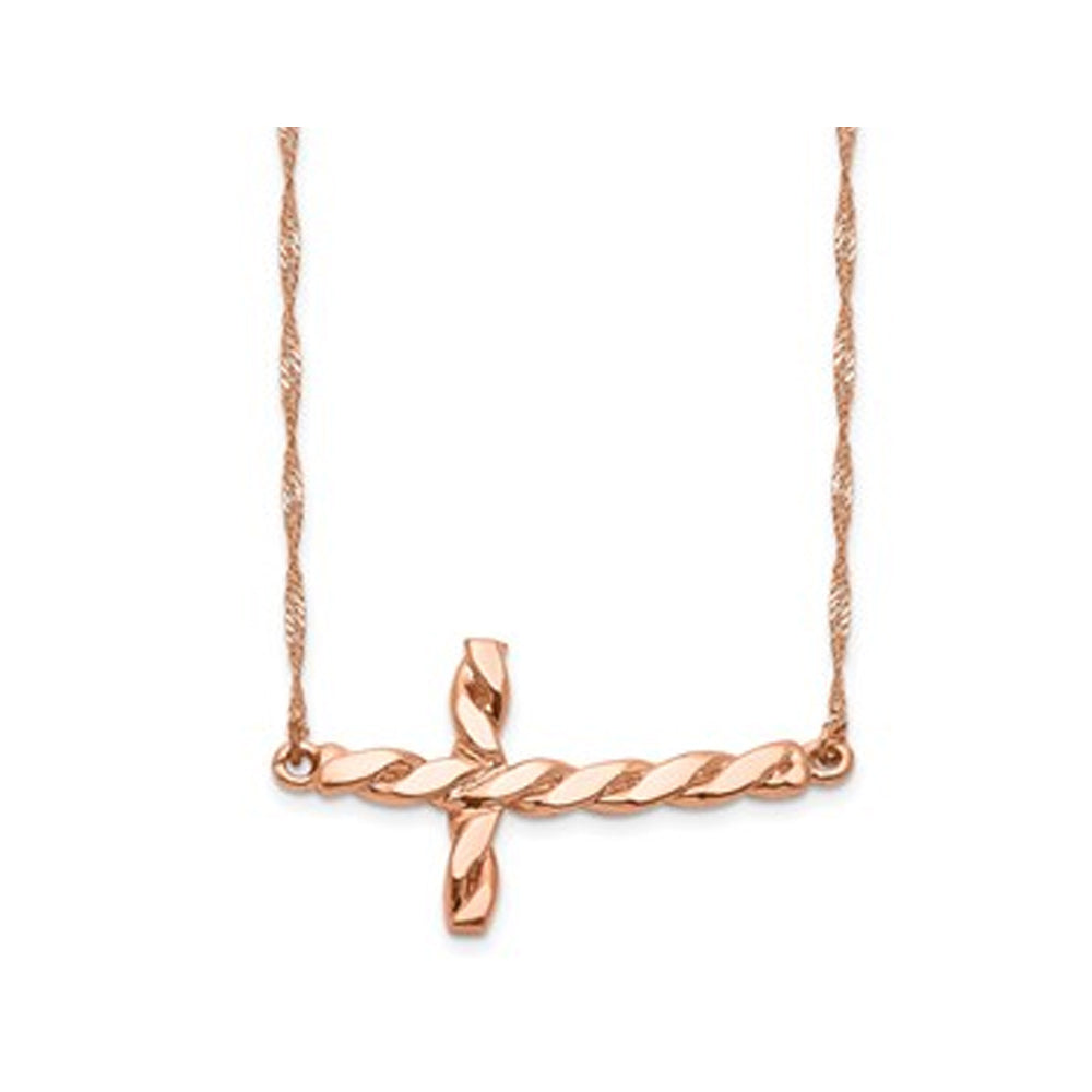 14K Rose Pink Gold Twisted Sideways Cross Necklace Image 1