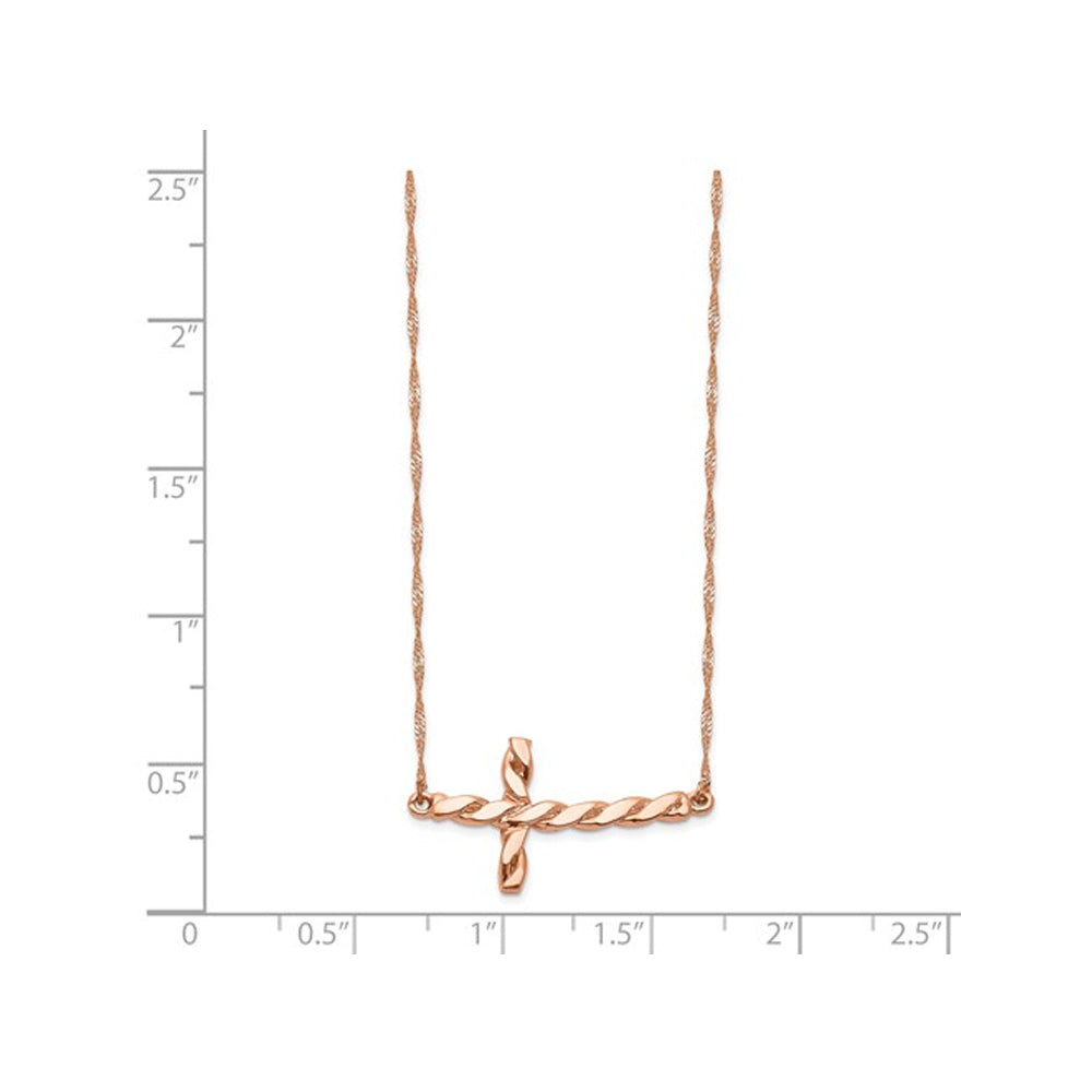 14K Rose Pink Gold Twisted Sideways Cross Necklace Image 2