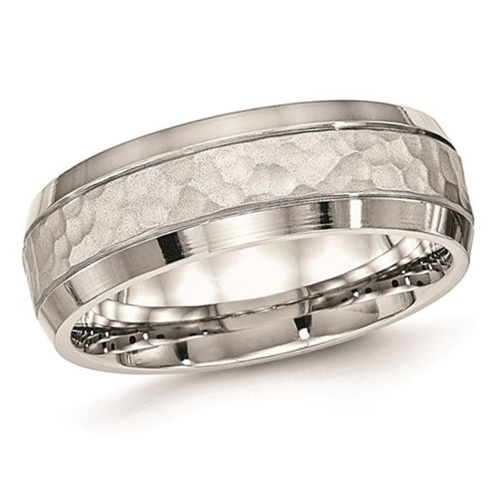 Mens Hammered Stainless Steel 7.5mm Wedding Band Ring with Polished Edge Image 1