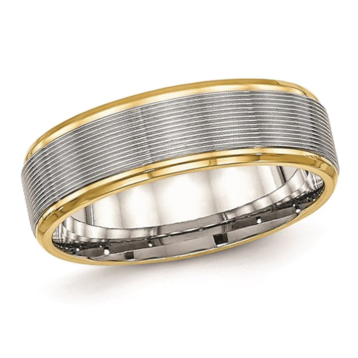 Grooved Stainless Steel 6mm Wedding Band Ring with Yellow Plating Image 1