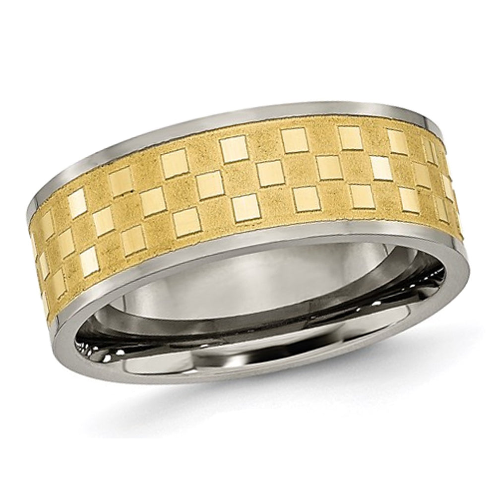 Mens Titanium 8mm Yellow Plated Checkered Wedding Band Ring Image 1