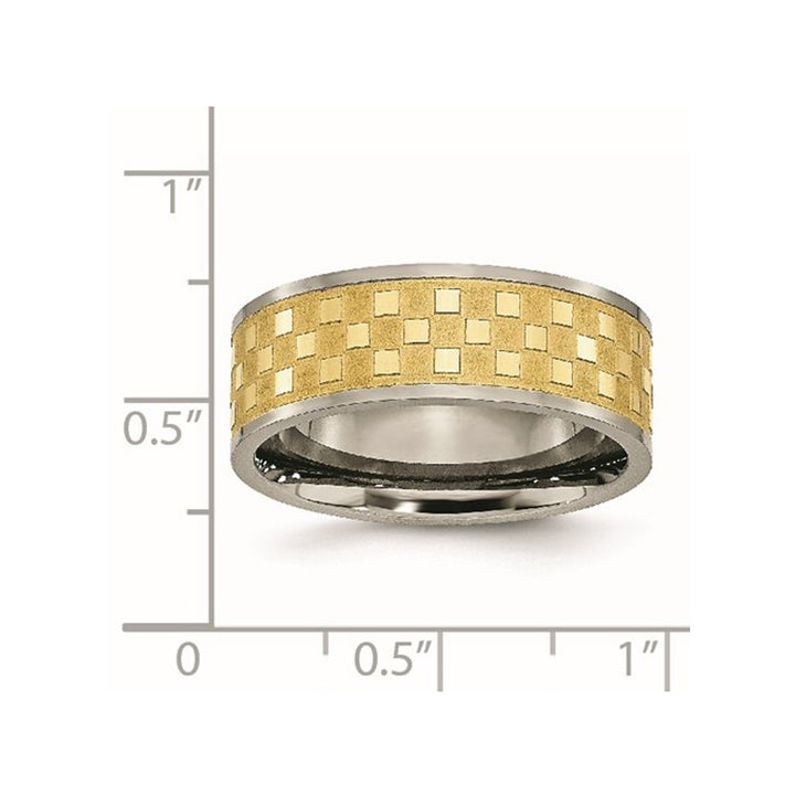 Mens Titanium 8mm Yellow Plated Checkered Wedding Band Ring Image 3