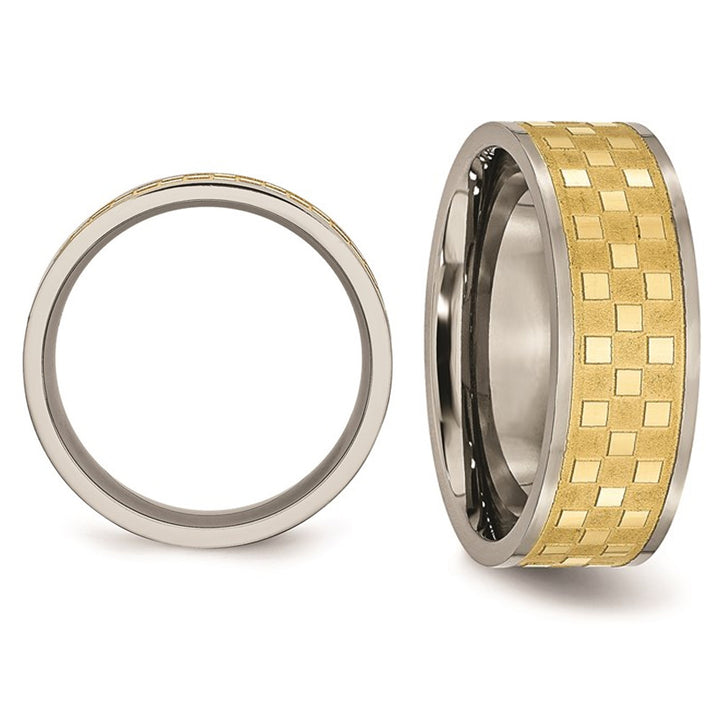 Mens Titanium 8mm Yellow Plated Checkered Wedding Band Ring Image 4