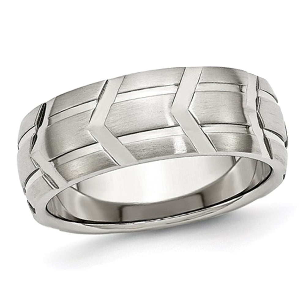 Mens Stainless Steel 8mm Brushed and Polished Band Ring Image 1