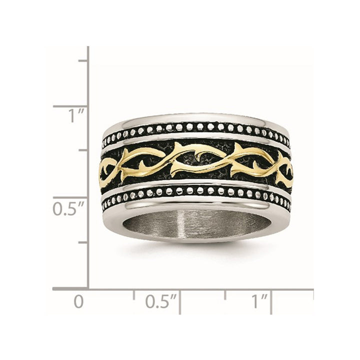 Mens Antiqued Stainless Steel 13.25mm Band Ring with Yellow Plating Image 2