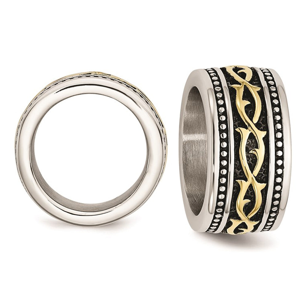 Mens Antiqued Stainless Steel 13.25mm Band Ring with Yellow Plating Image 3