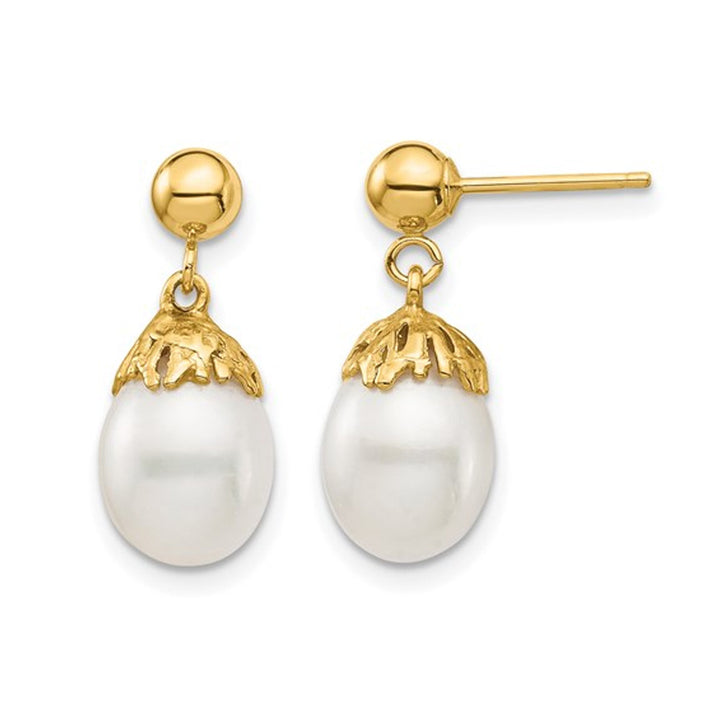 14K Yellow Gold Freshwater Cultured Rice Pearl 6-7mm Dangle Earrings Image 1