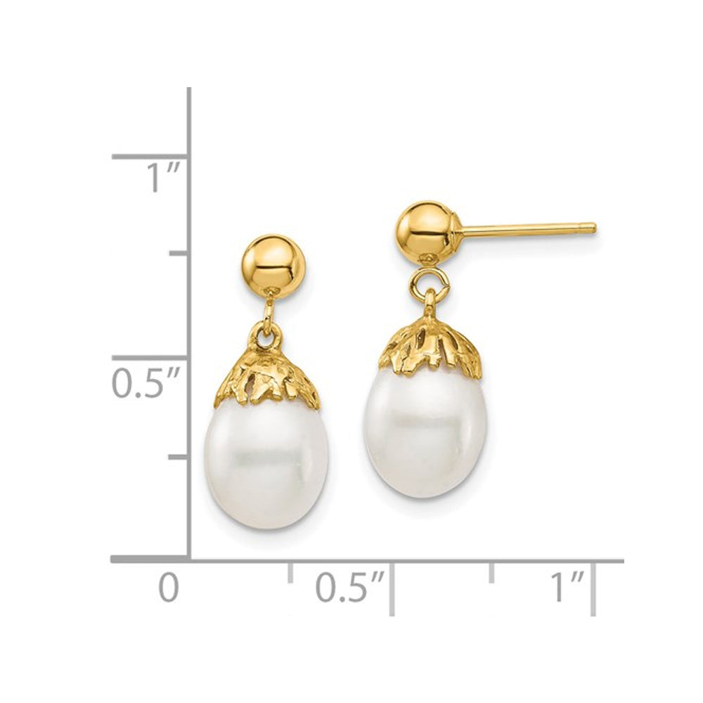 14K Yellow Gold Freshwater Cultured Rice Pearl 6-7mm Dangle Earrings Image 2