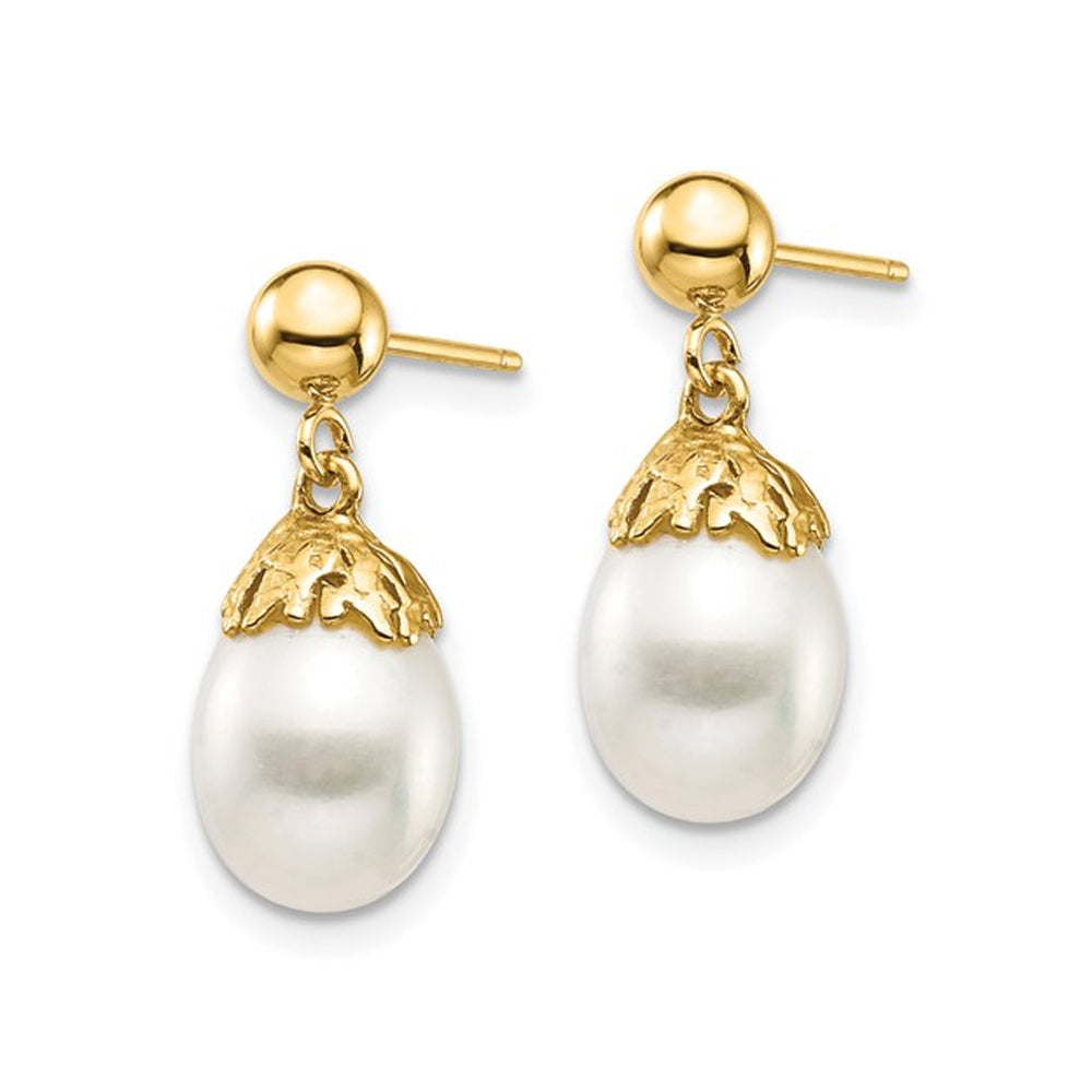 14K Yellow Gold Freshwater Cultured Rice Pearl 6-7mm Dangle Earrings Image 3