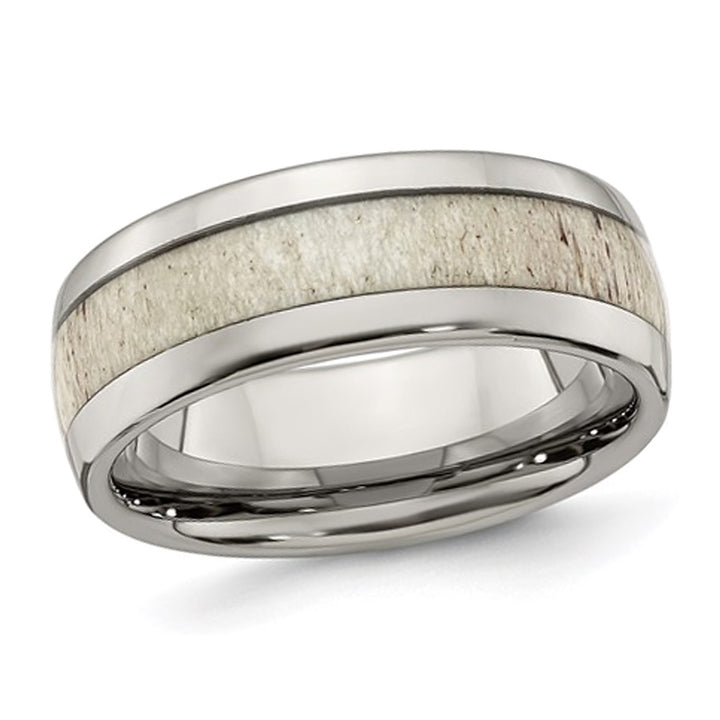 Mens Stainless Steel 8mm Wedding Band Ring with Antler Inlay Image 1