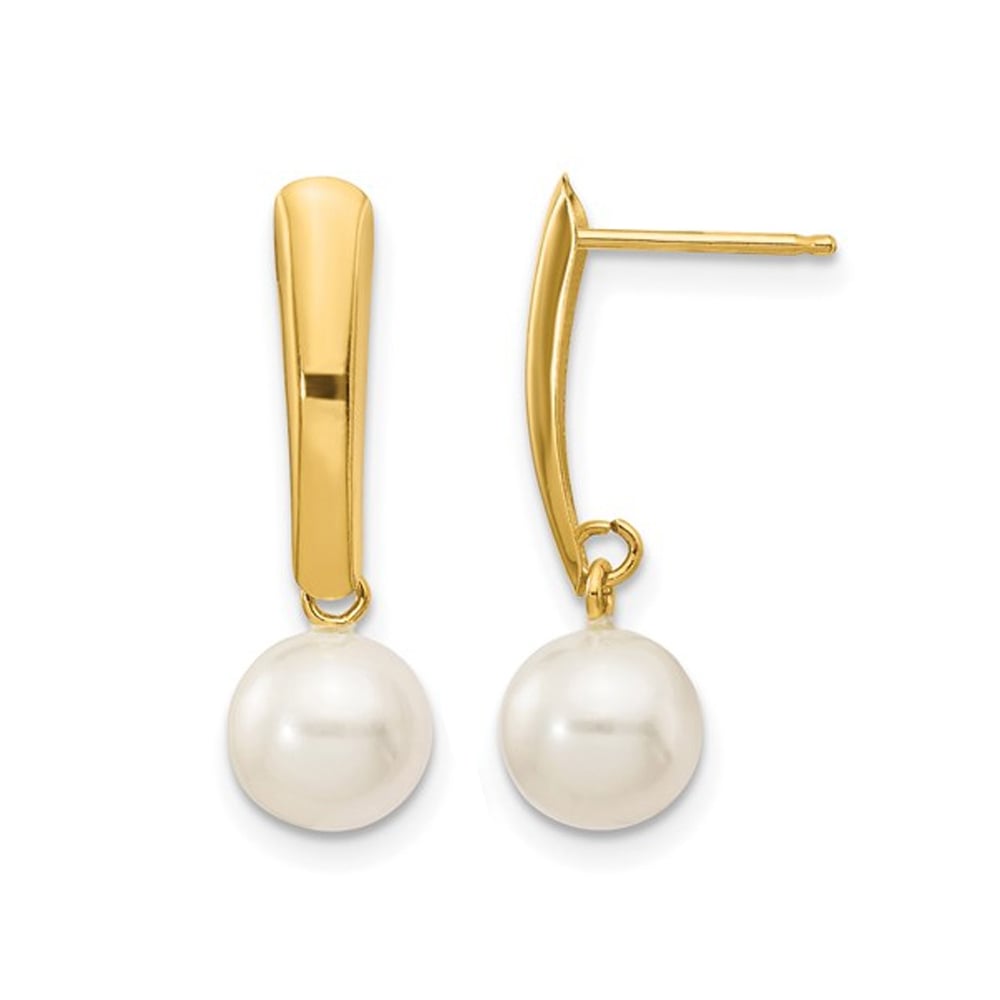 14K Yellow Gold Freshwater Cultured White Pearl 6-7mm Dangle Earrings Image 1