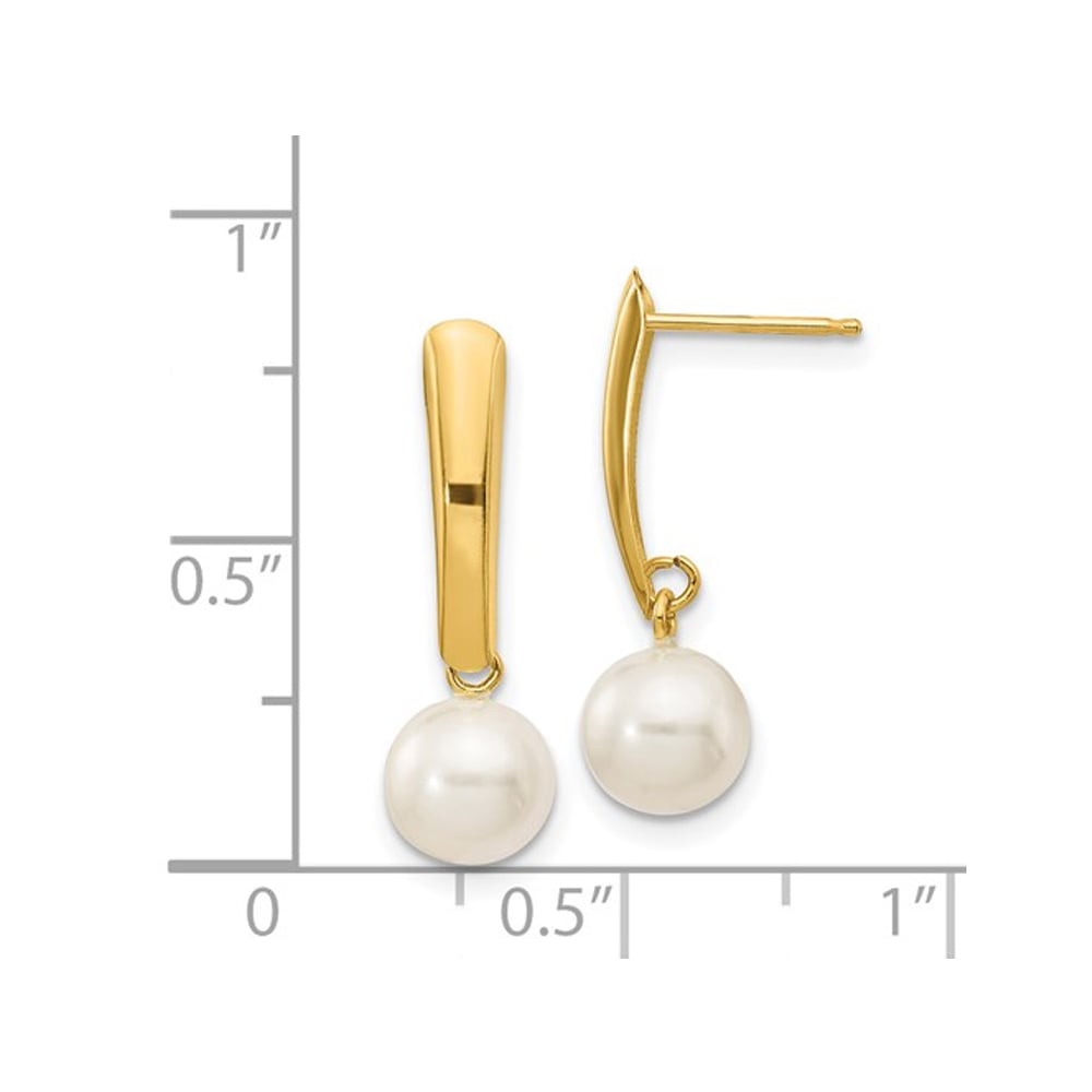 14K Yellow Gold Freshwater Cultured White Pearl 6-7mm Dangle Earrings Image 3