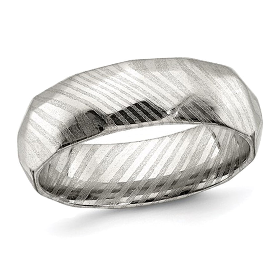 Damascus Steel 7mm Faceted Polished Band Ring Image 1