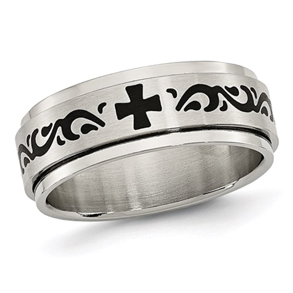 Ladies Stainless Steel 8mm Wedding Band Ring with Black Swirl Design Image 1