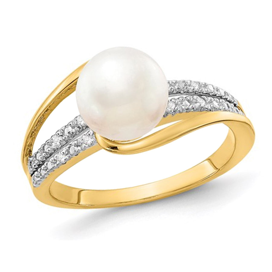14K Yellow Gold Freshwater Cultured Pearl Ring with Accent Diamonds Image 1