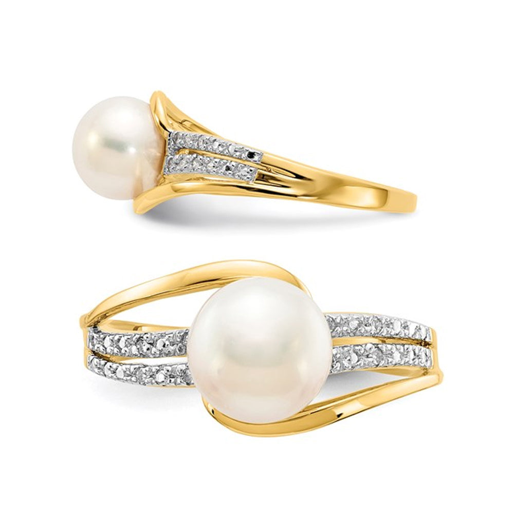 14K Yellow Gold Freshwater Cultured Pearl Ring with Accent Diamonds Image 4