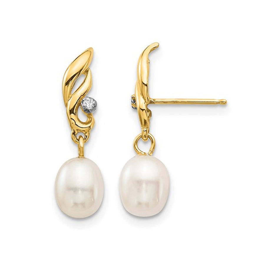 14K Yellow Gold Freshwater Cultured Rice Pearl 5-6mm Dangle Earrings Image 1