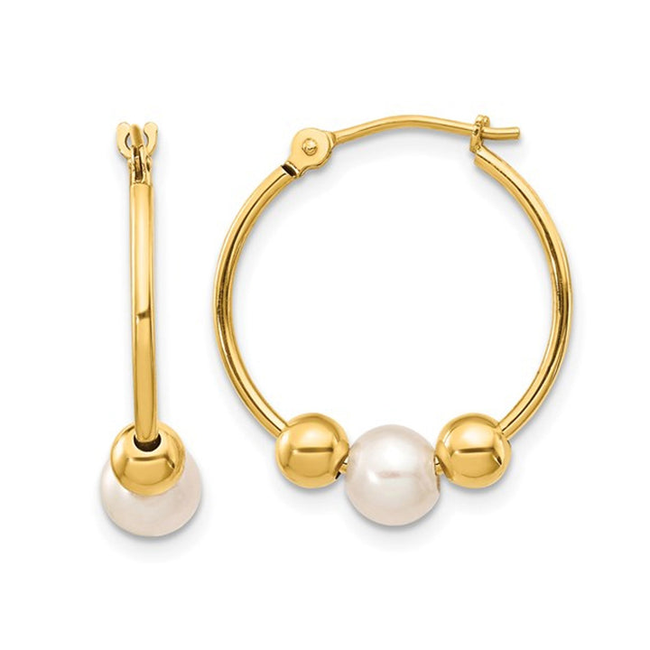 14K Yellow Gold Semi-Round Pearl Hoop Earrings Image 1