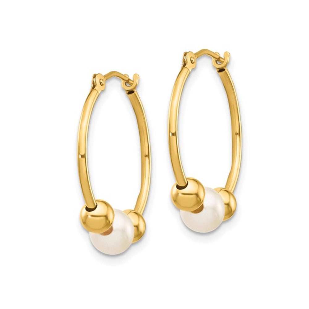 14K Yellow Gold Semi-Round Pearl Hoop Earrings Image 3