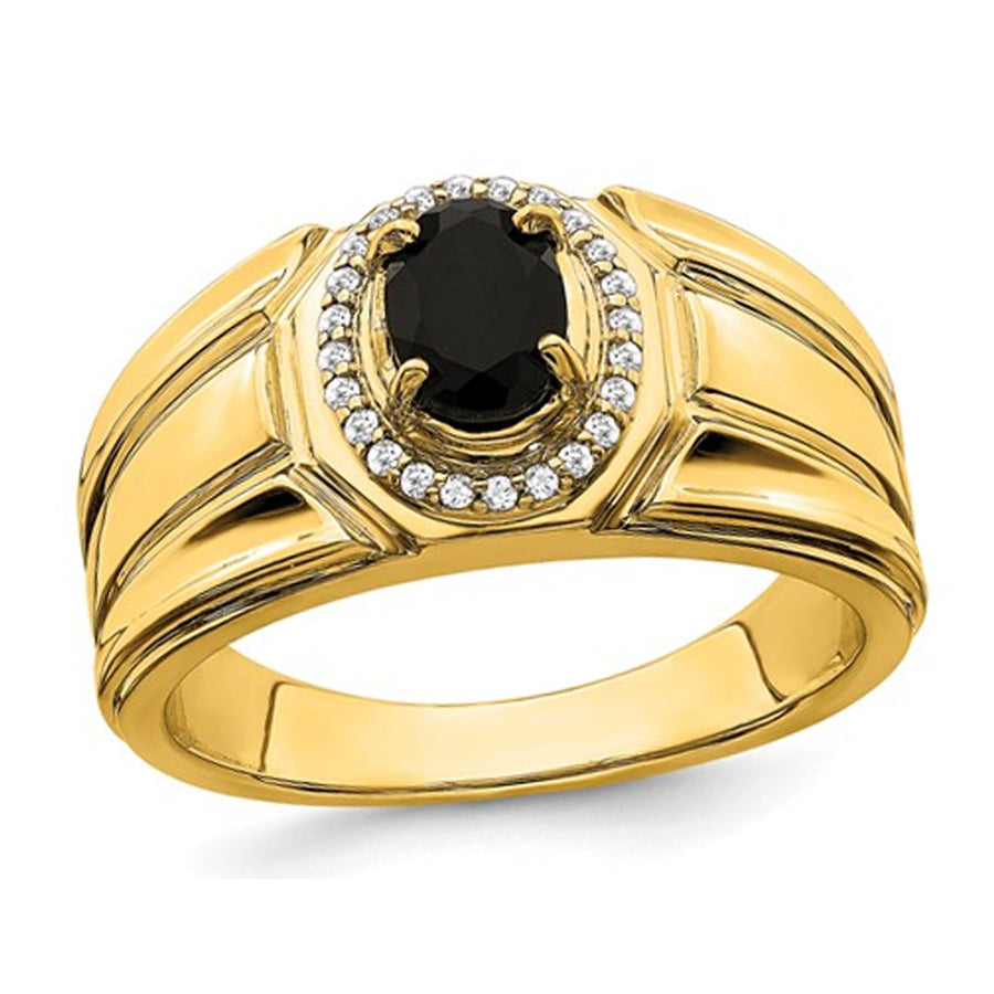 Mens 2/3 Carat (ctw) Black Onyx Ring in 14K Yellow Gold with 1/8 carats (ctw) Diamonds Image 1