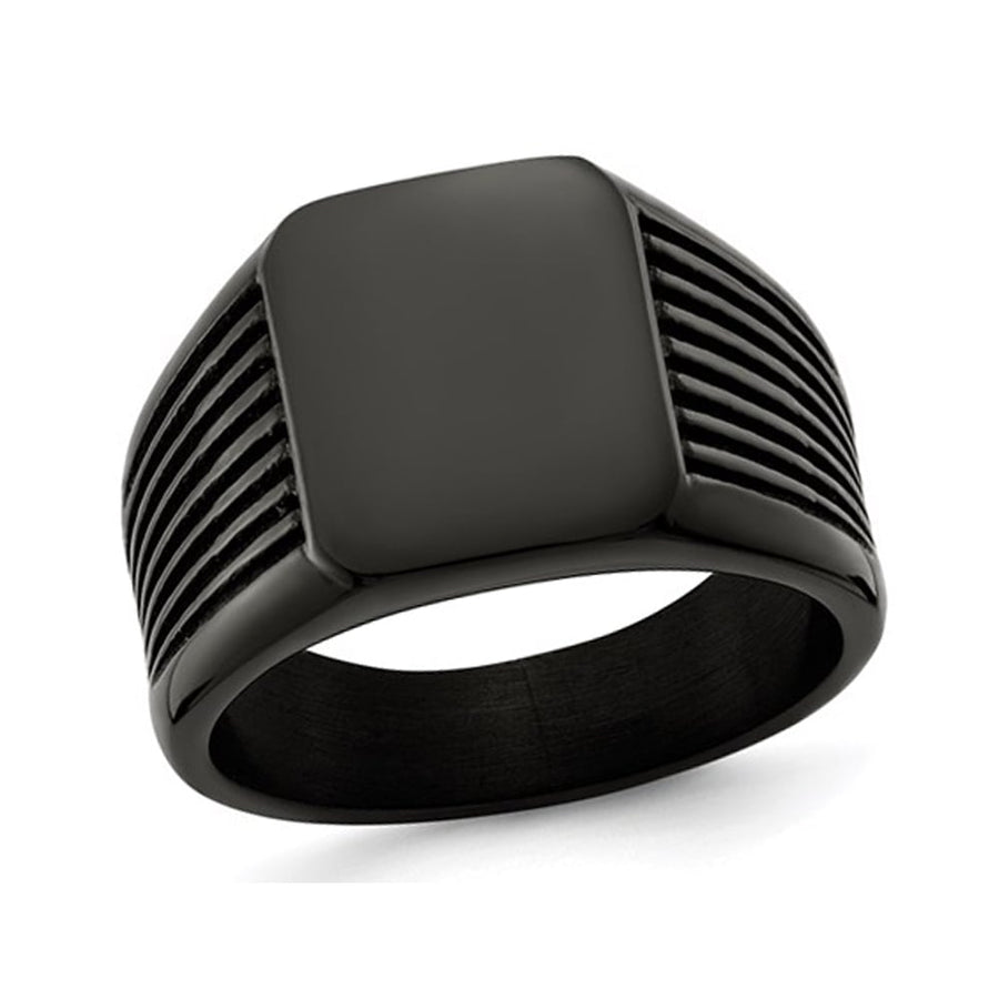 Mens Black Plated Polished Stainless Steel Signet Ring Image 1