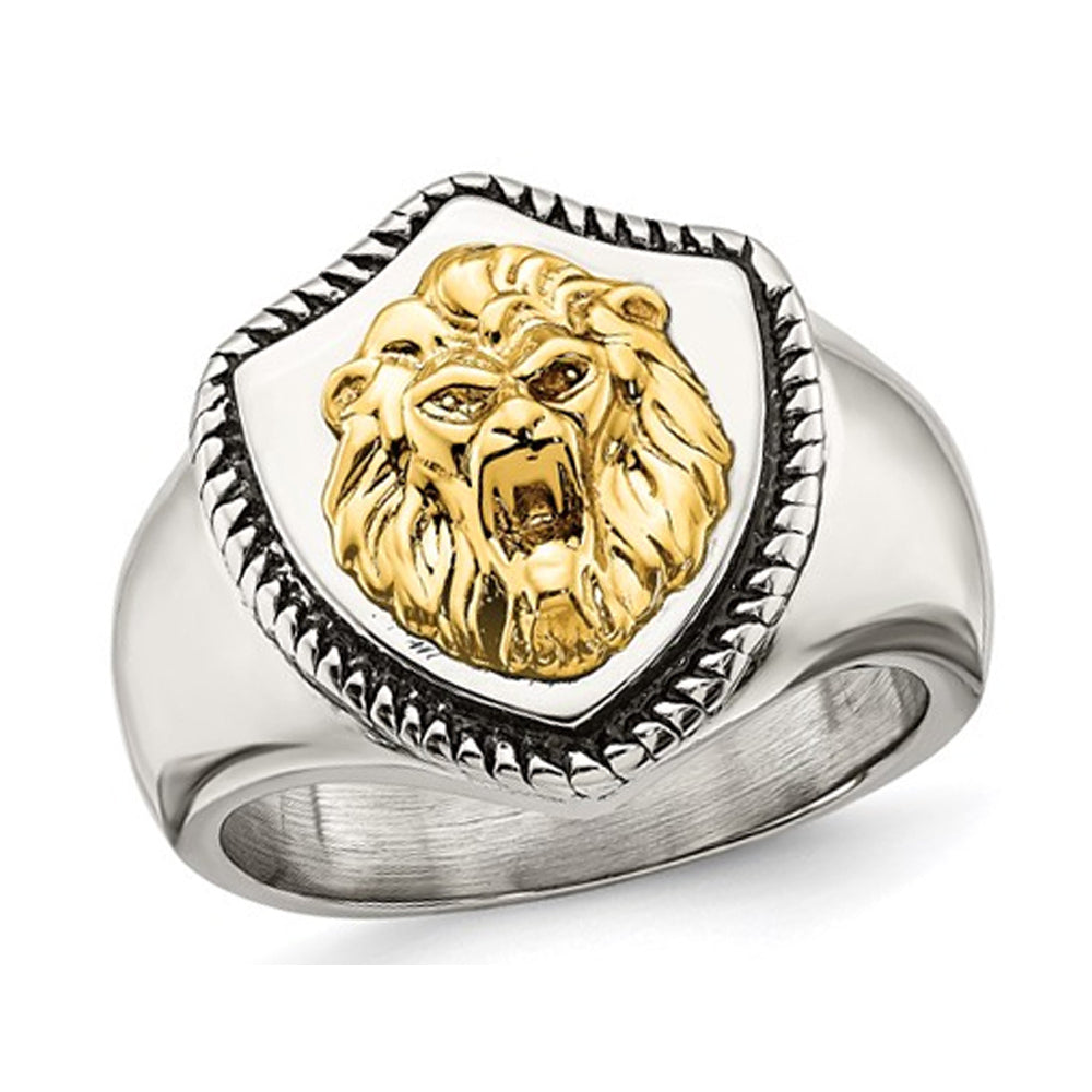 Mens Lion On Shield Antiqued Stainless Steel Ring Image 1