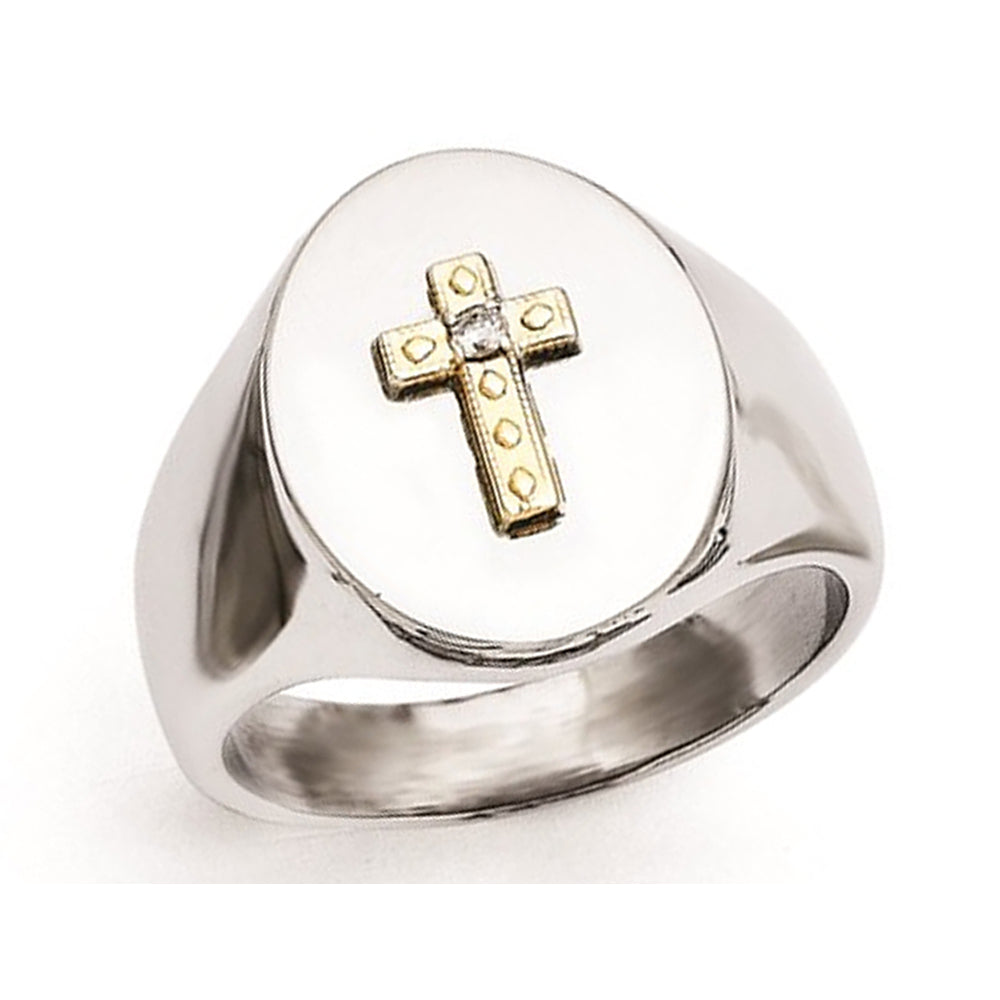 Mens Stainless Steel Ring with 10K Gold Cross Image 1