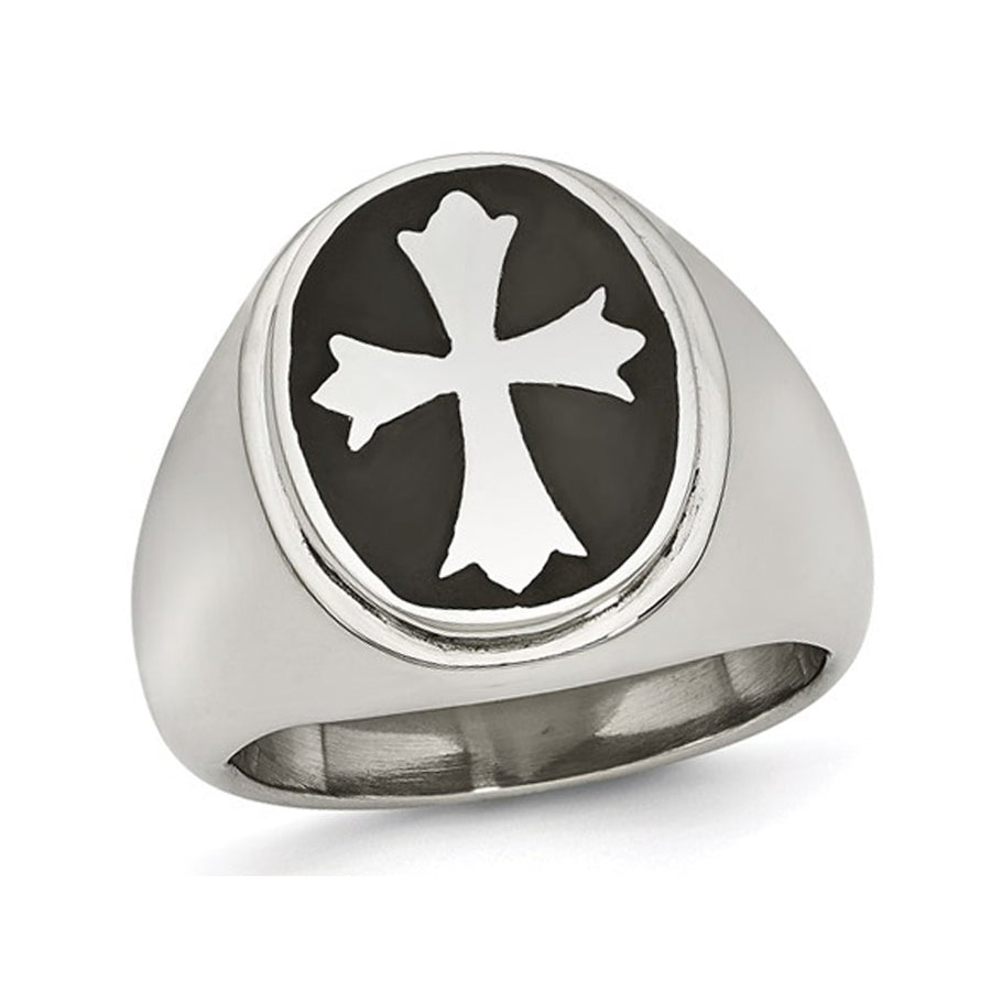 Mens Polished Stainless Steel Ring with Enameled Cross Image 1