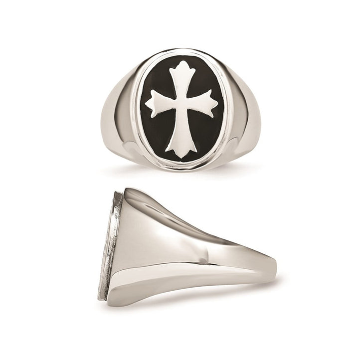 Mens Polished Stainless Steel Ring with Enameled Cross Image 3