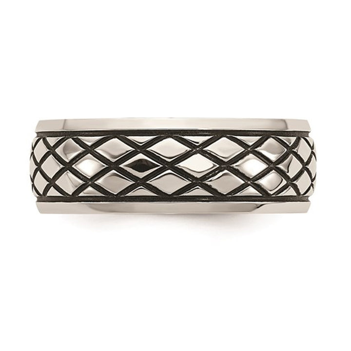 Mens Stainless Steel 8mm Polished Checkered Pattern Ring Image 3