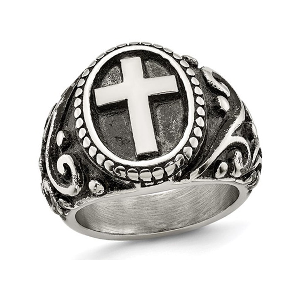 Mens Antiqued Stainless Steel Ring with Cross Image 1