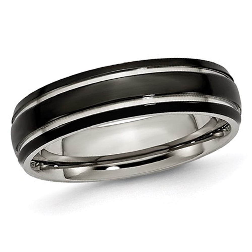 Mens 6mm Grooved Black Plated Titanium Wedding Band Ring Image 1