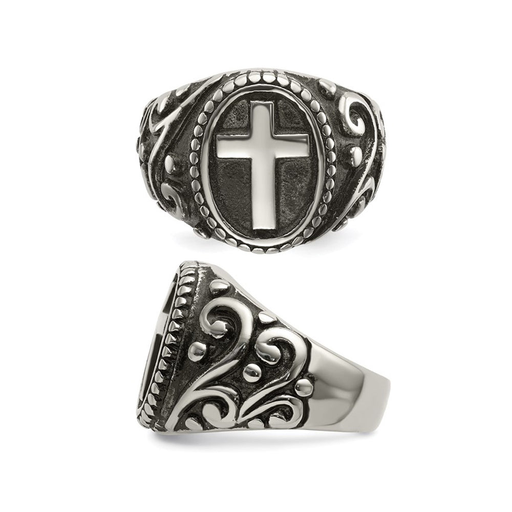 Mens Antiqued Stainless Steel Ring with Cross Image 2