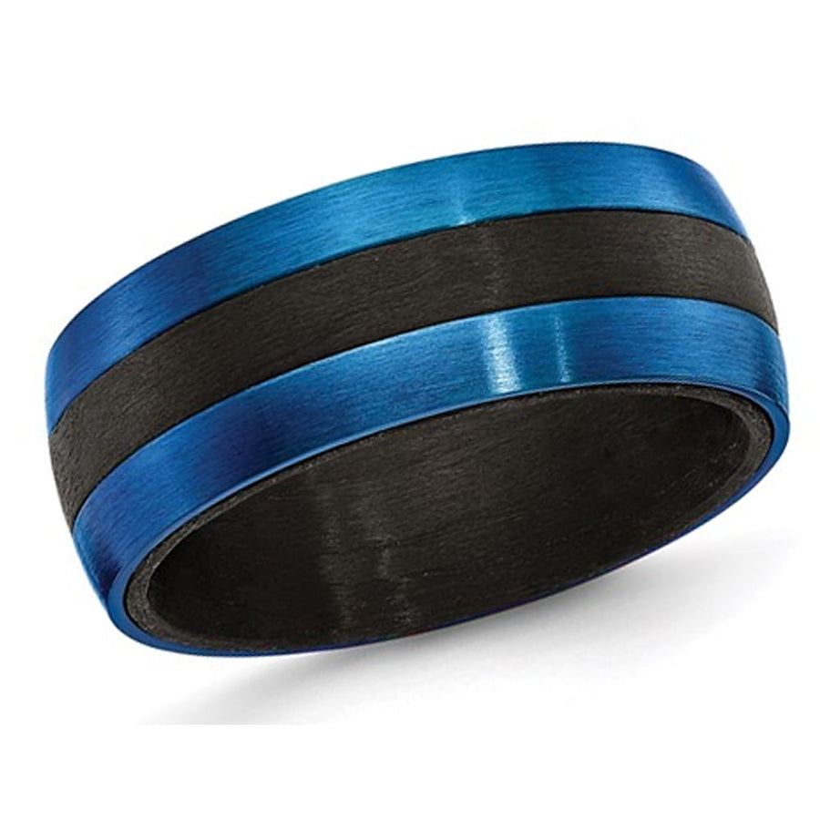 Mens Blue IP Plated Carbon Fiber Stainless Steel 8mm Band Ring Image 1