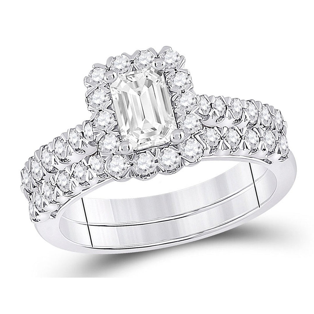 1.50 Carat (ctw G-H I1-I2) Emerald-Cut Diamond Engagement Ring and Wedding Band in 14K White Gold Image 1