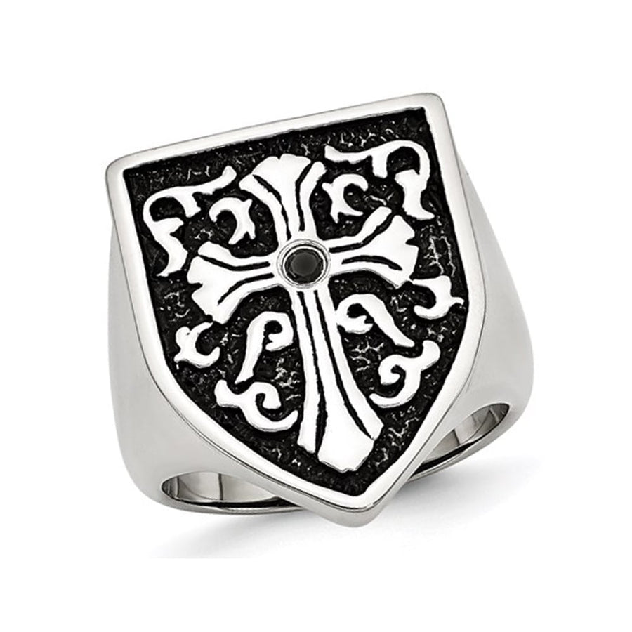 Mens Cross Antiqued Shield Stainless Steel Ring with Black Diamond Image 1